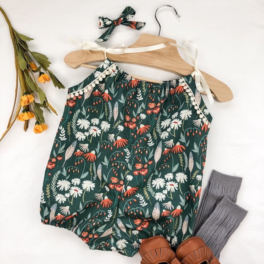 Prairie Flower Baby Romper: Green