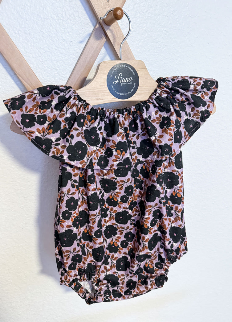 Lavender Floral Romper: Ruffle Neckline Cotton