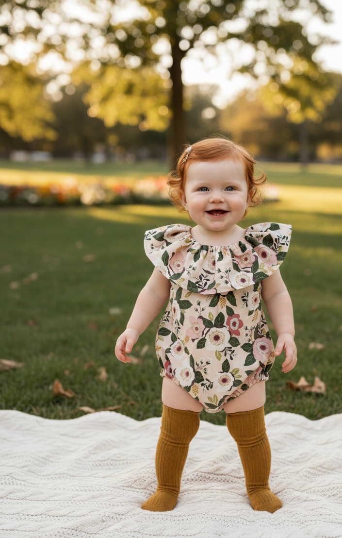Pink and Plum Floral Romper: Ruffle Neckline, Heirloom Baby Romper