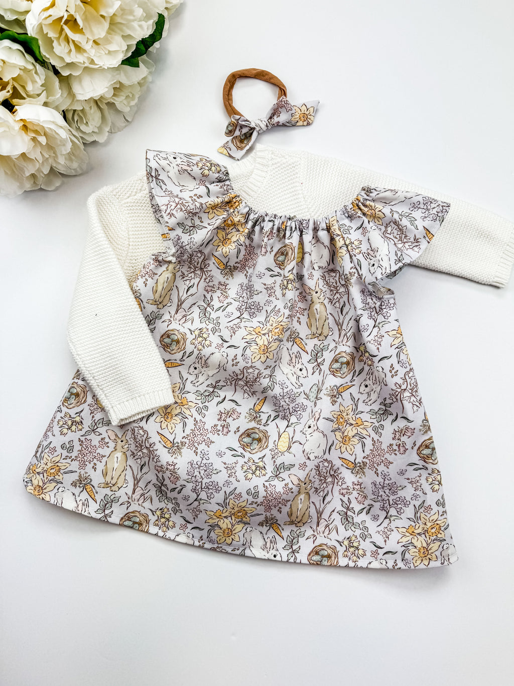 Bunny Print Baby Dress: Ruffle Neckline, Lilac Floral