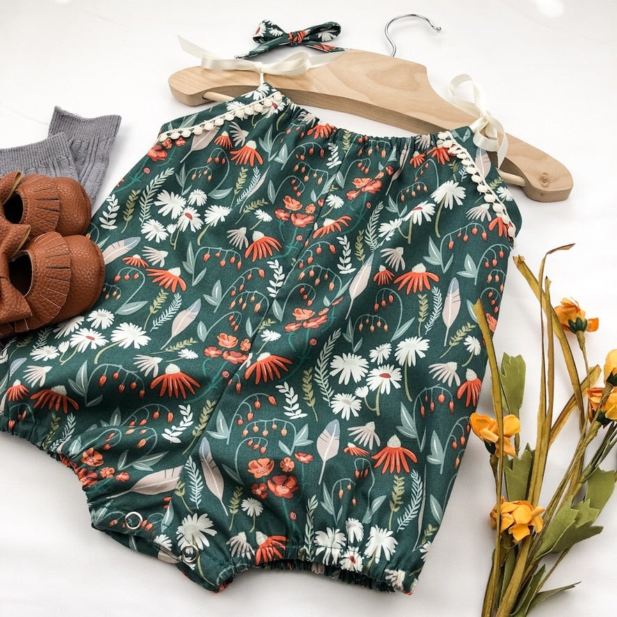 Prairie Flower Baby Romper: Green