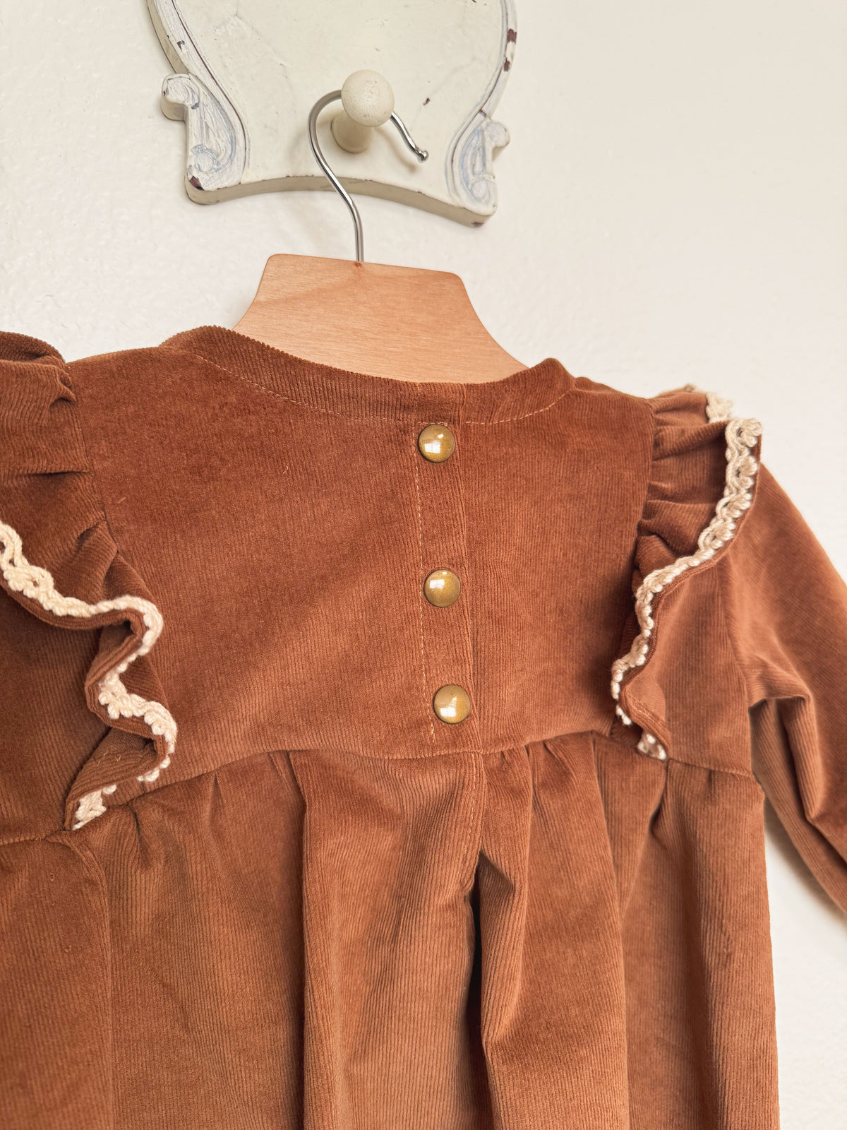 Brown Corduroy Romper: Long Sleeve, Ruffles, Toddler, Baby