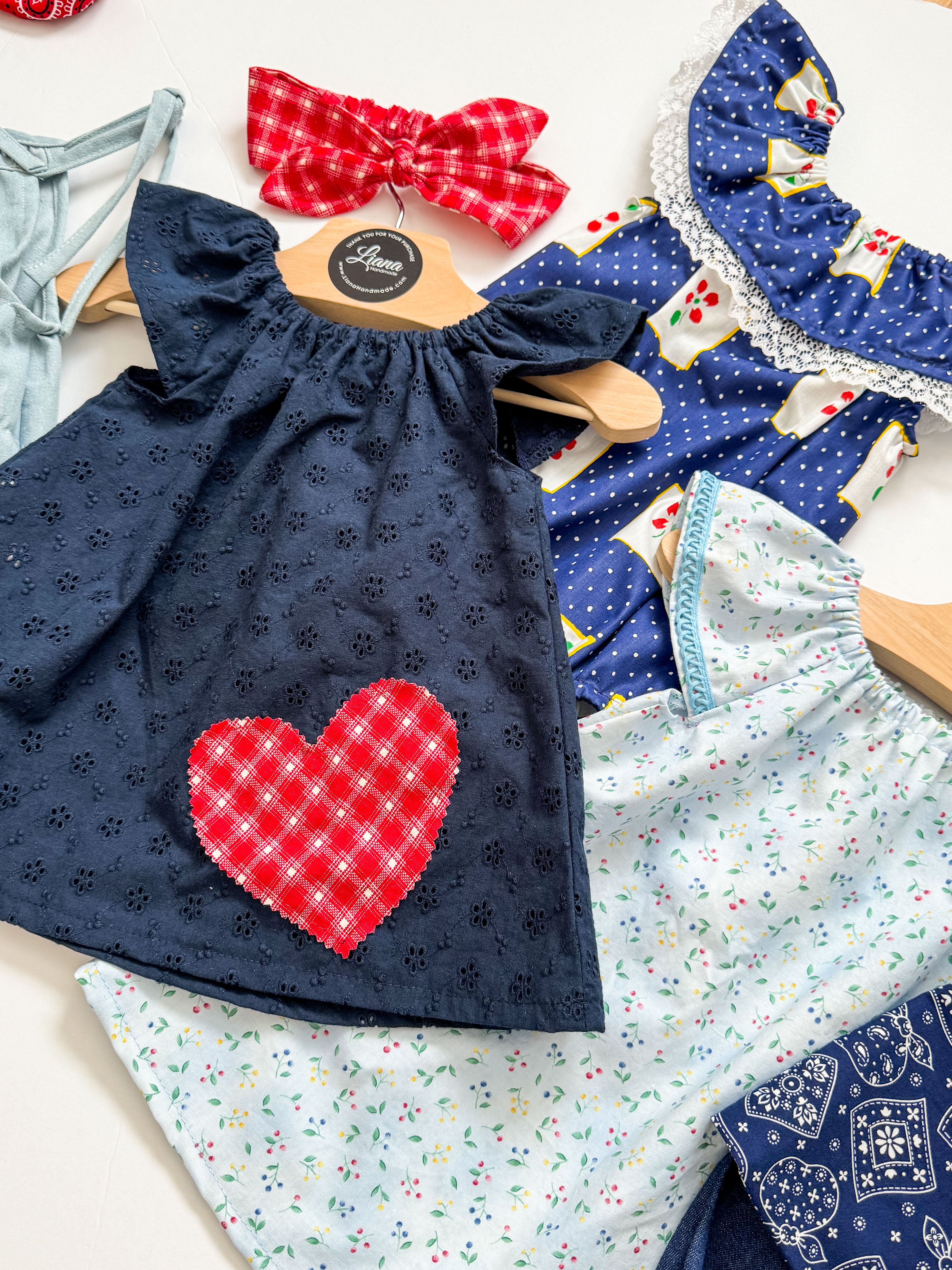Navy Blue Dress: Eyelet with Red Heart, Flutter Sleeves with Headband