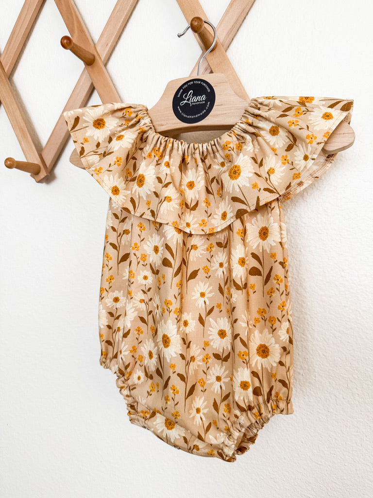 Neutral Floral Baby Romper: Ruffle Neckline Cotton