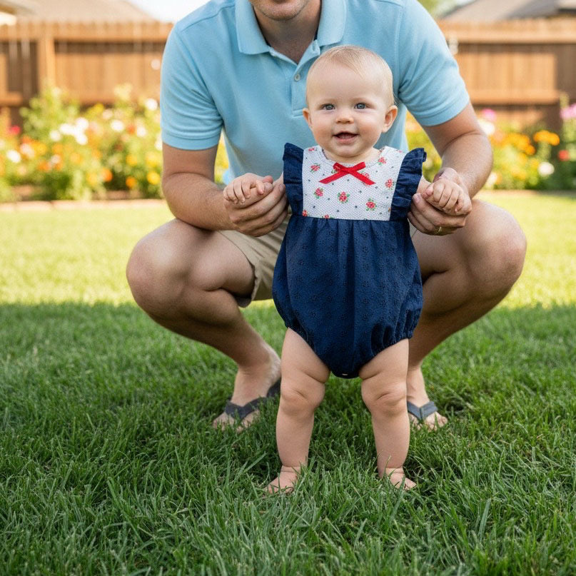 Summer Romper: Sleeveless Navy Eyelet Romper, Ruffles, Toddler, Baby