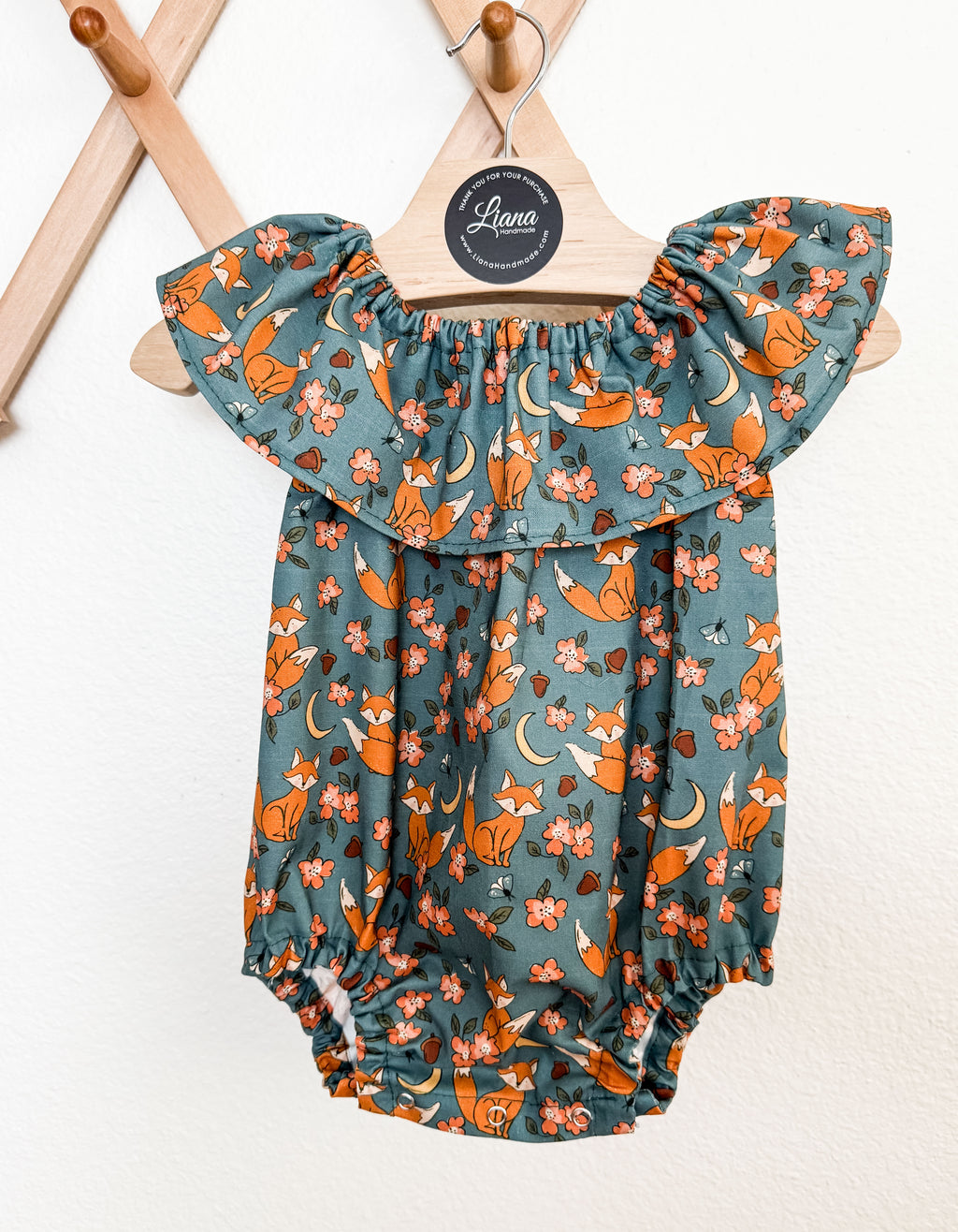 Fox and Acorn Romper: Ruffle Neckline Cotton