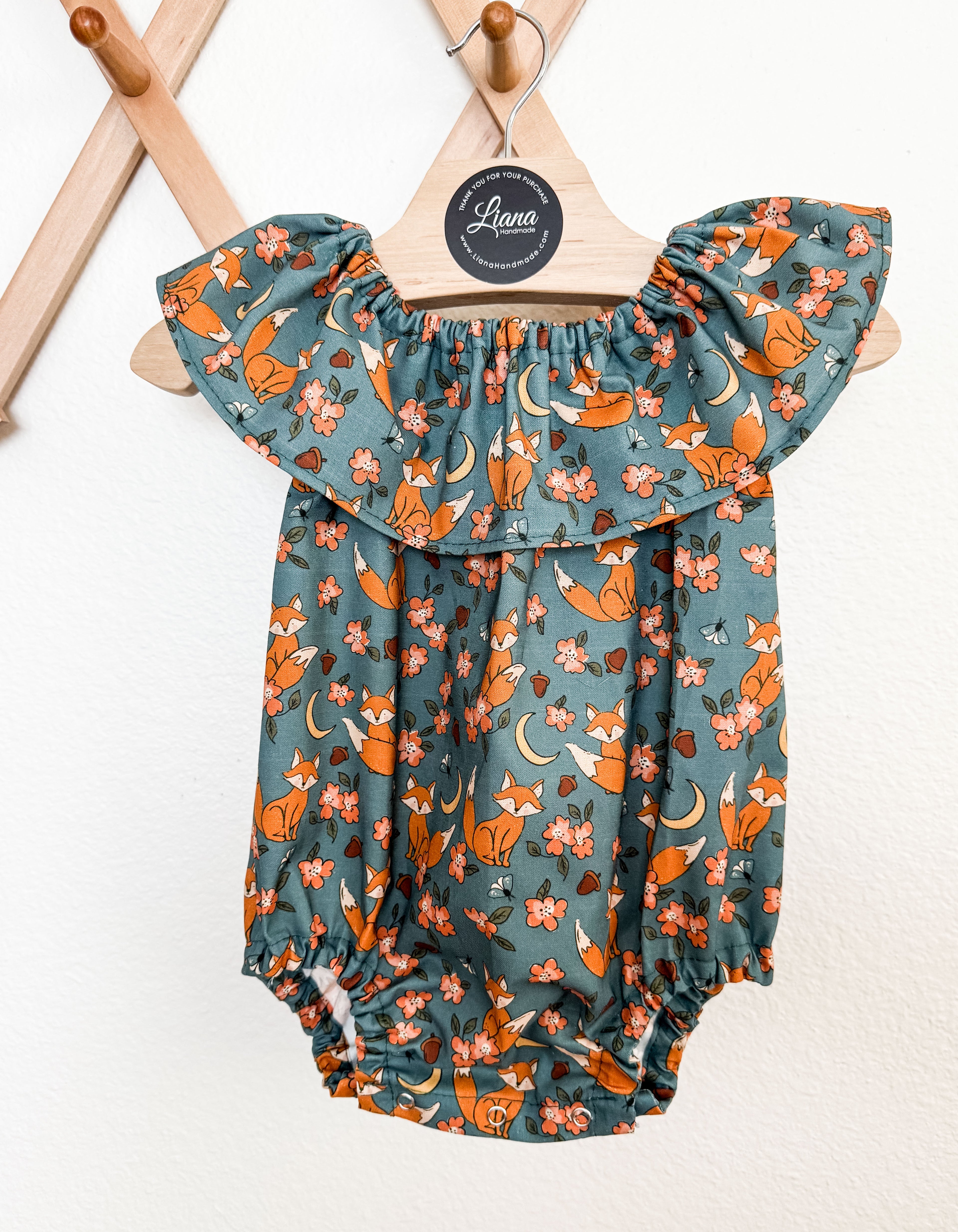 Fox and Acorn Romper: Ruffle Neckline Cotton