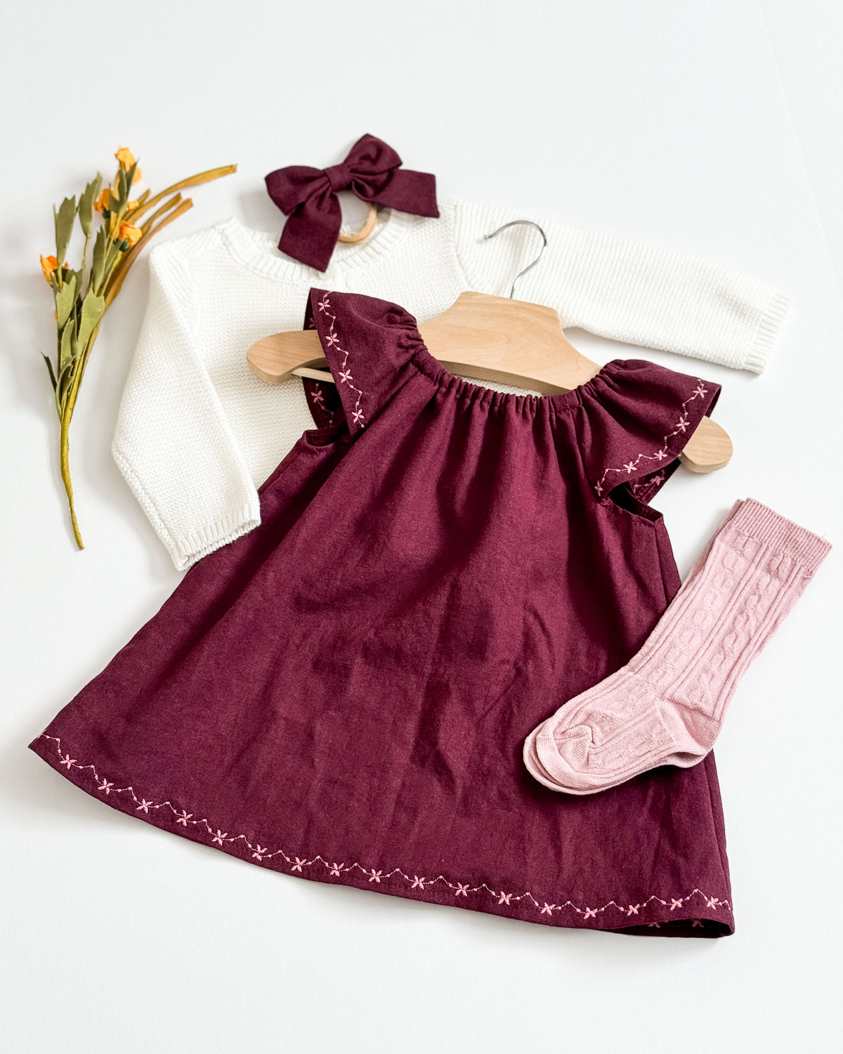 Linen Dress With Embroidered Sleeve: Plum Baby Dress