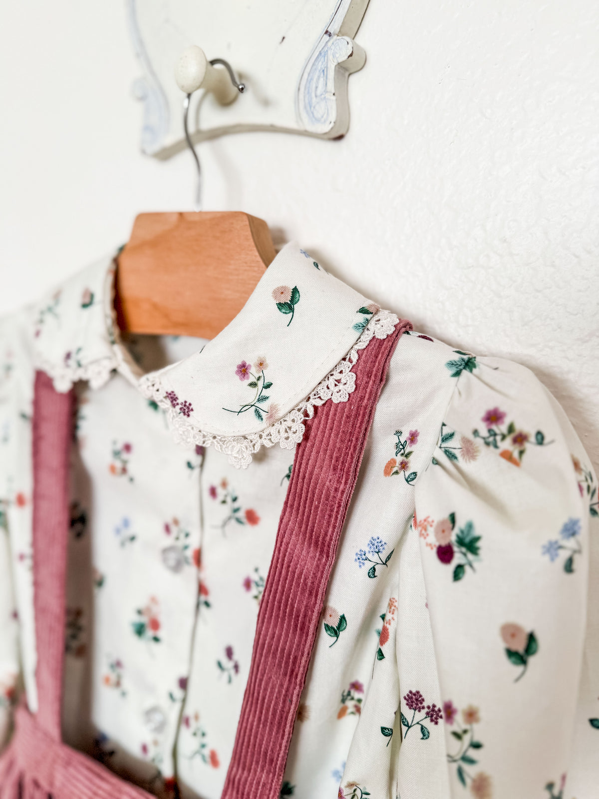 Toddler Two Piece Set, Peter Pan Floral Blouse with Corduroy Skirt, Handmade