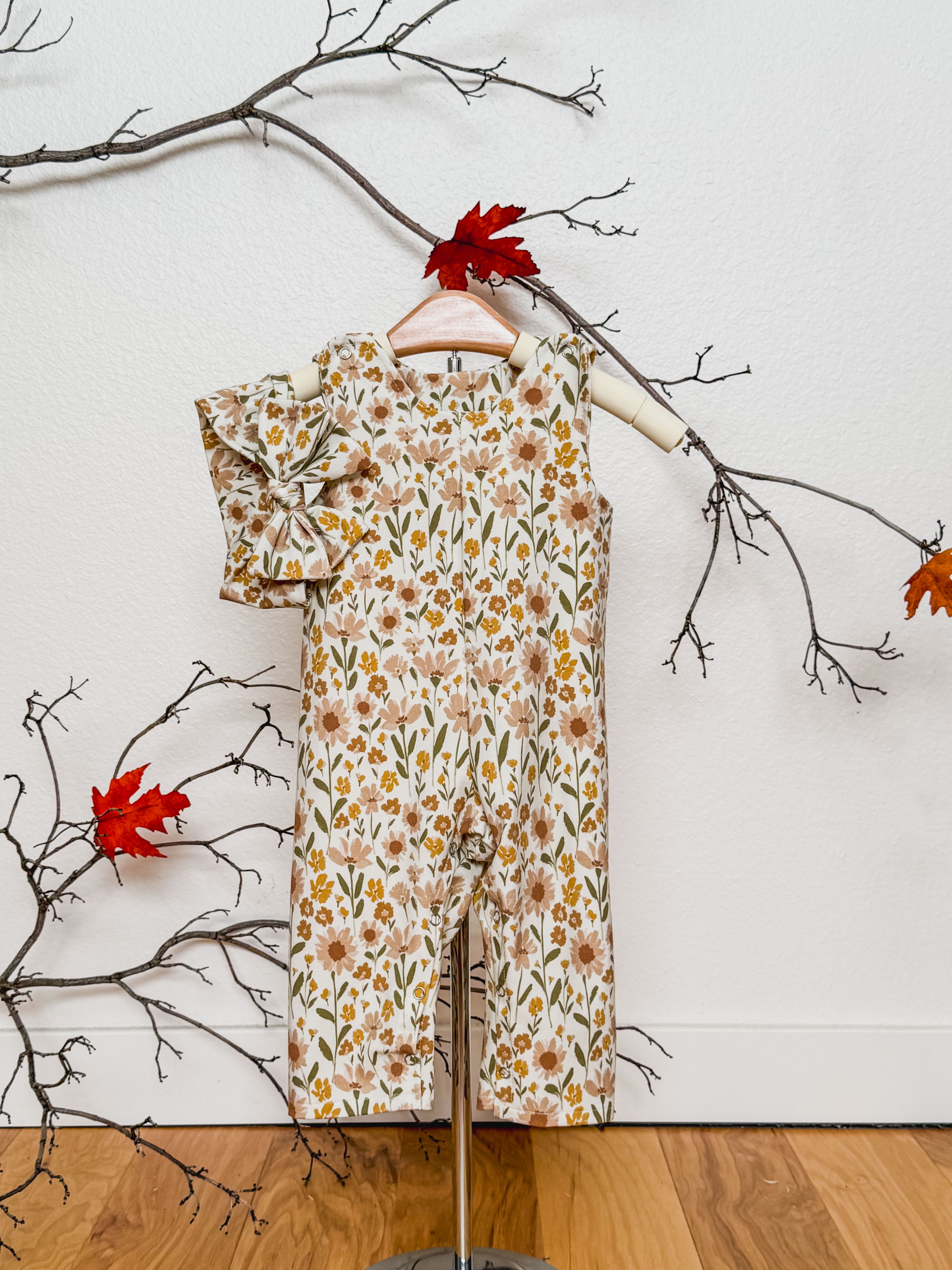 Neutral Floral Overall Romper with Headband