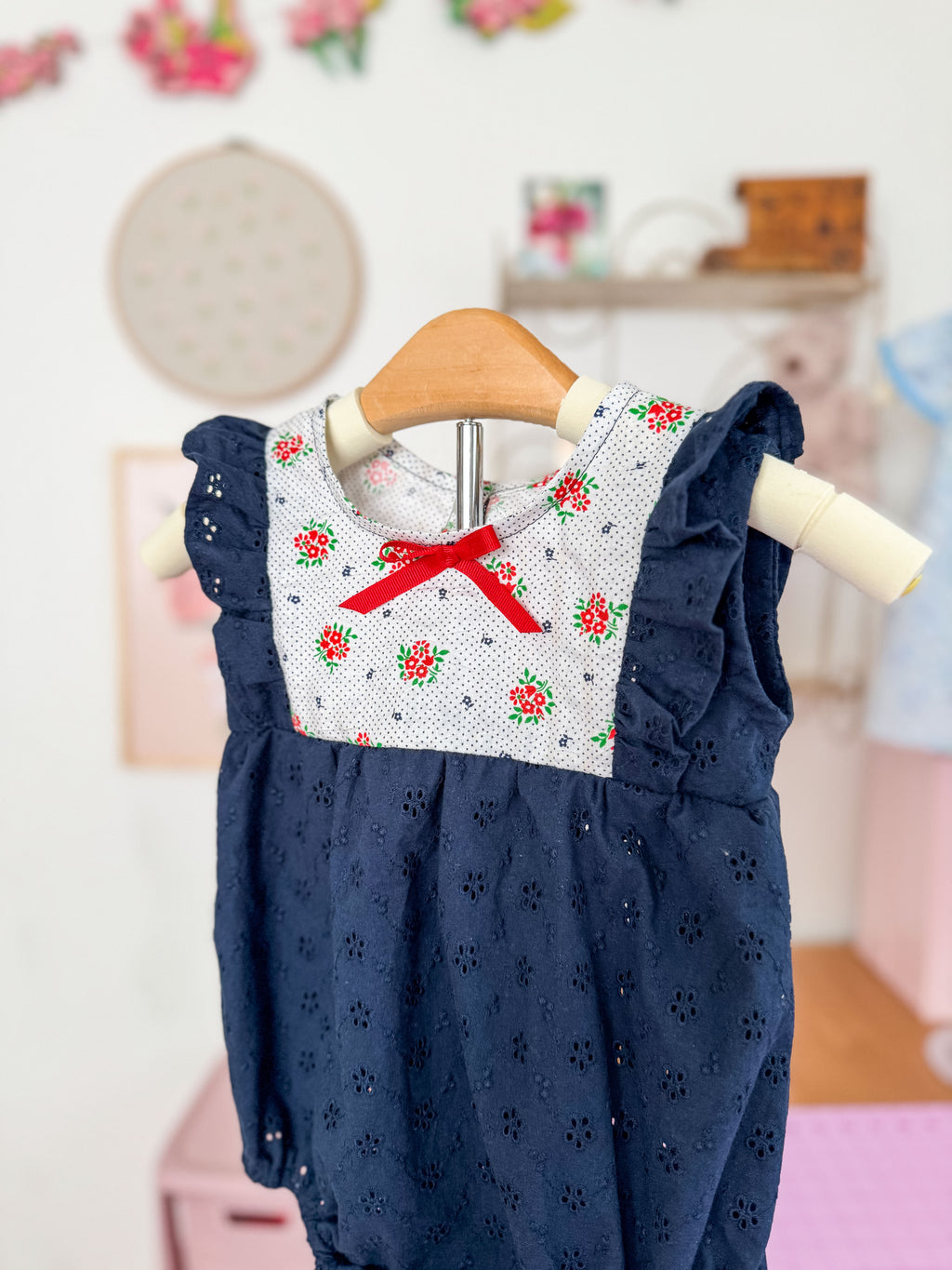 Summer Romper: Sleeveless Navy Eyelet Romper, Ruffles, Toddler, Baby