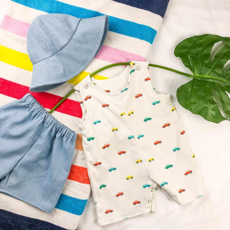 Baby Boy Overall Short Romper: Car Print