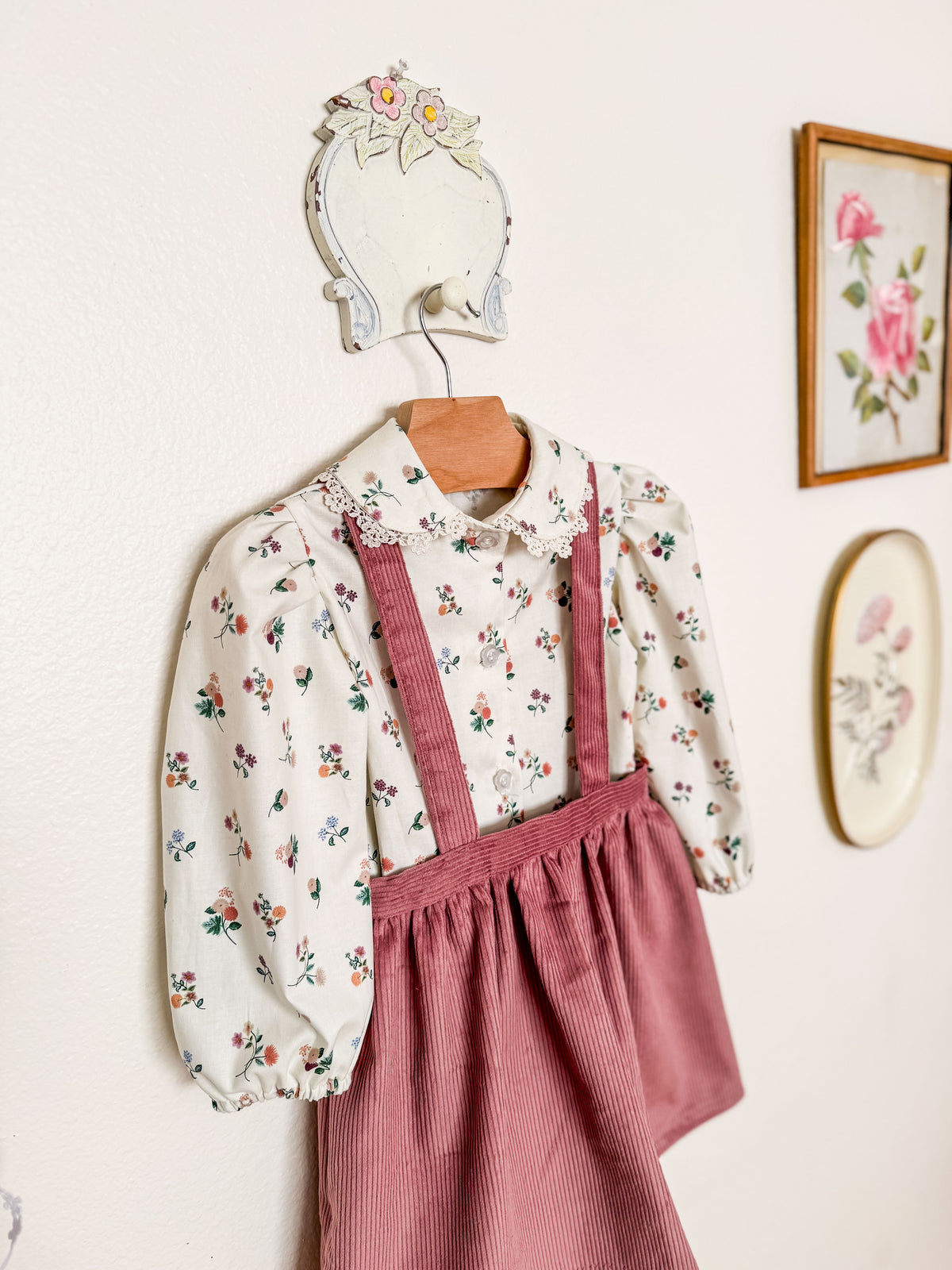 Toddler Two Piece Set, Peter Pan Floral Blouse with Corduroy Skirt, Handmade