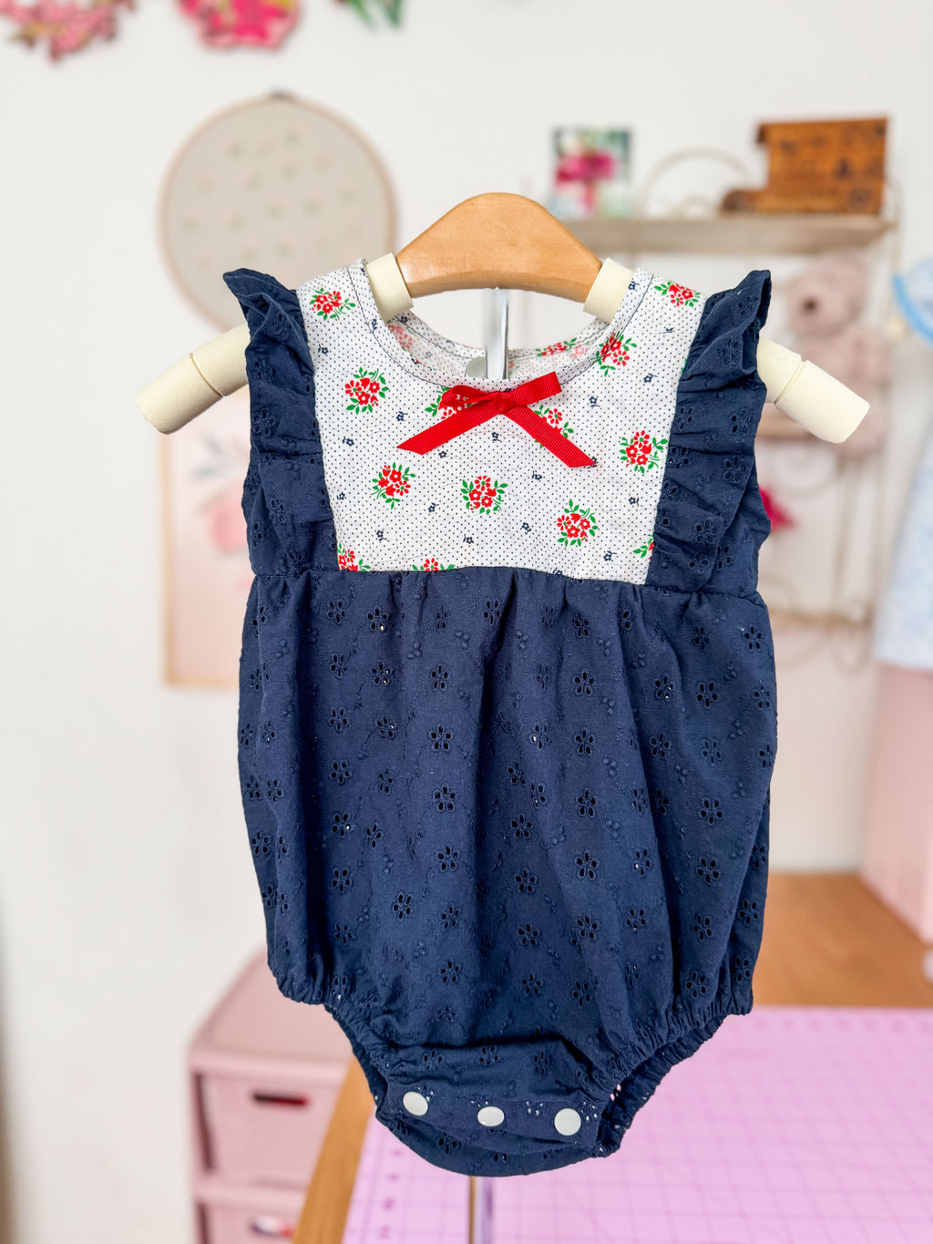 Summer Romper: Sleeveless Navy Eyelet Romper, Ruffles, Toddler, Baby