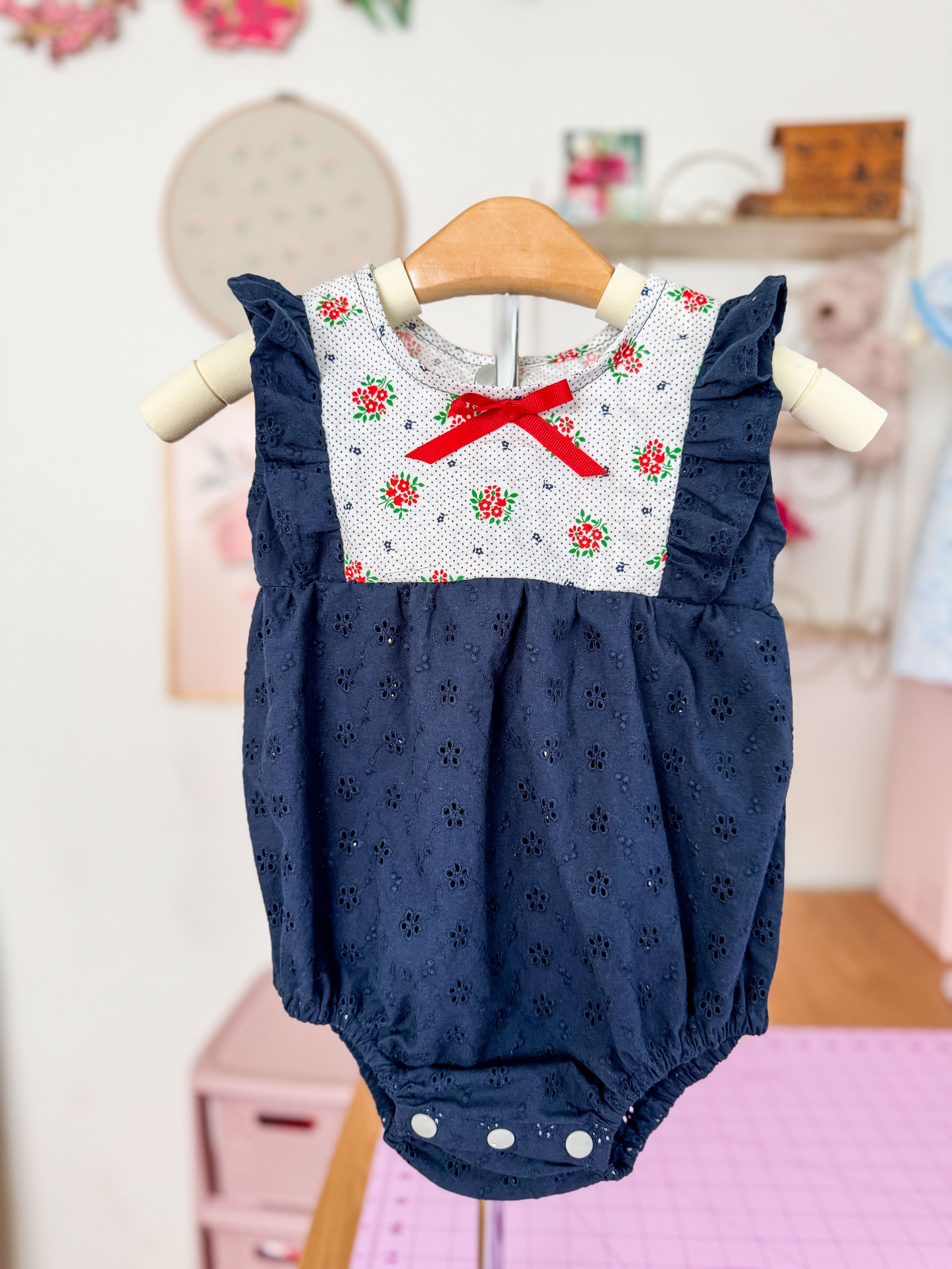 Summer Romper: Sleeveless Navy Eyelet Romper, Ruffles, Toddler, Baby
