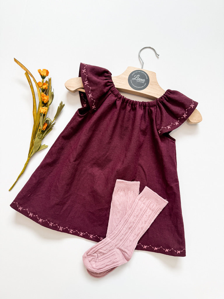 Linen Dress With Embroidered Sleeve: Plum Baby Dress