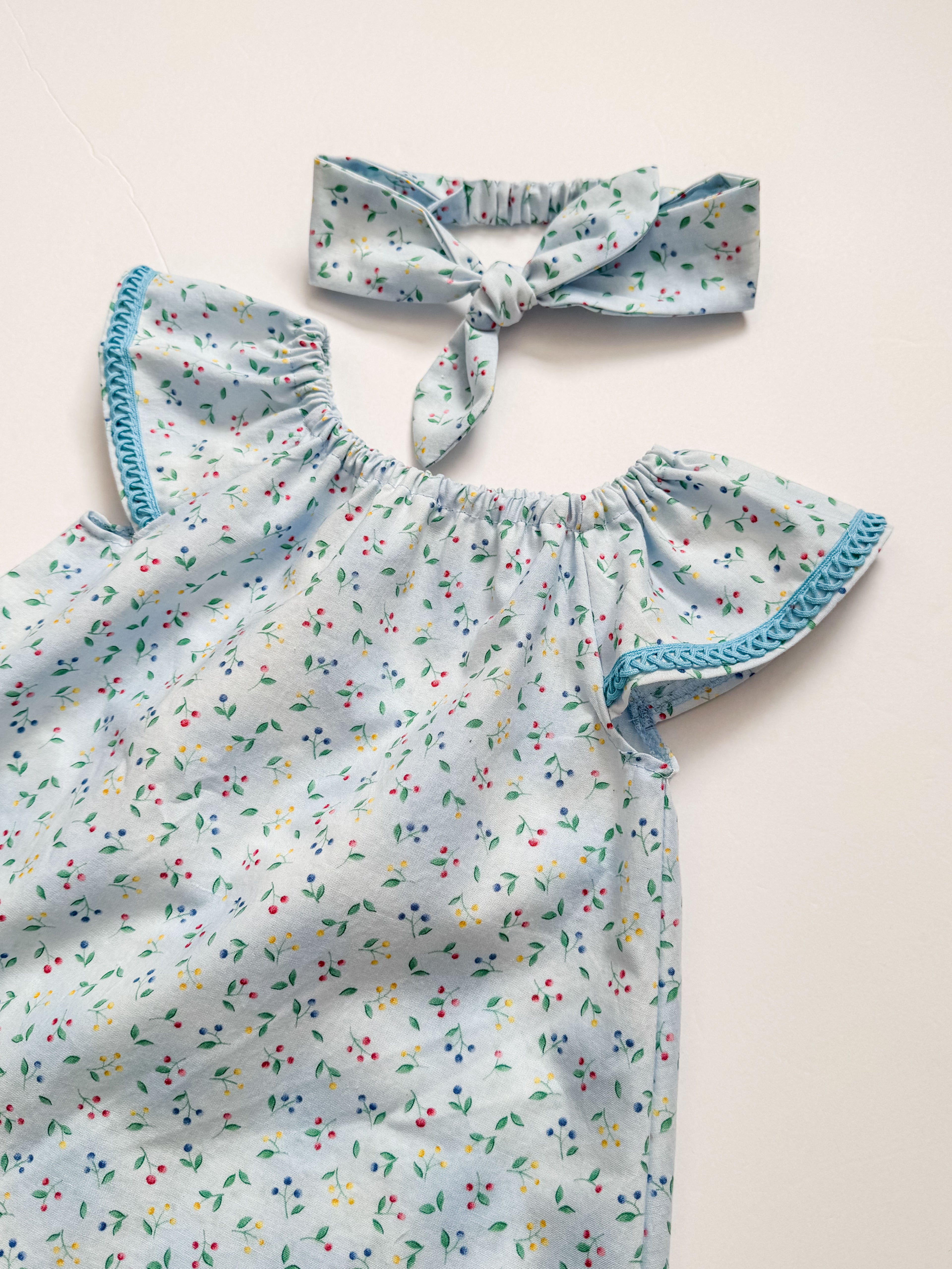 Baby Blue Summer Dress: Flutter Sleeve with Trim Detail, Headband