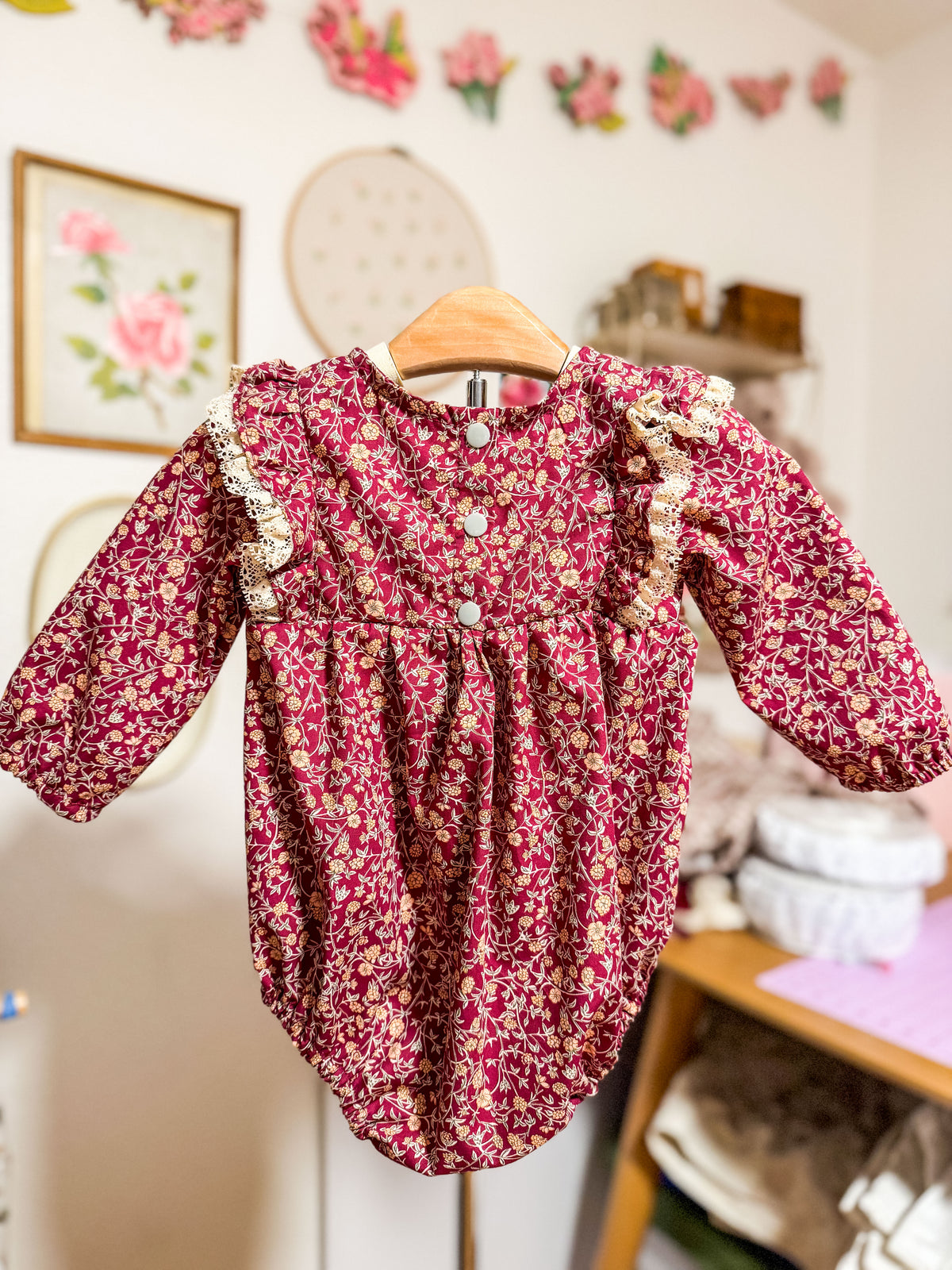 Plum Floral Romper: Long Sleeve Romper, Ruffles, Toddler, Baby