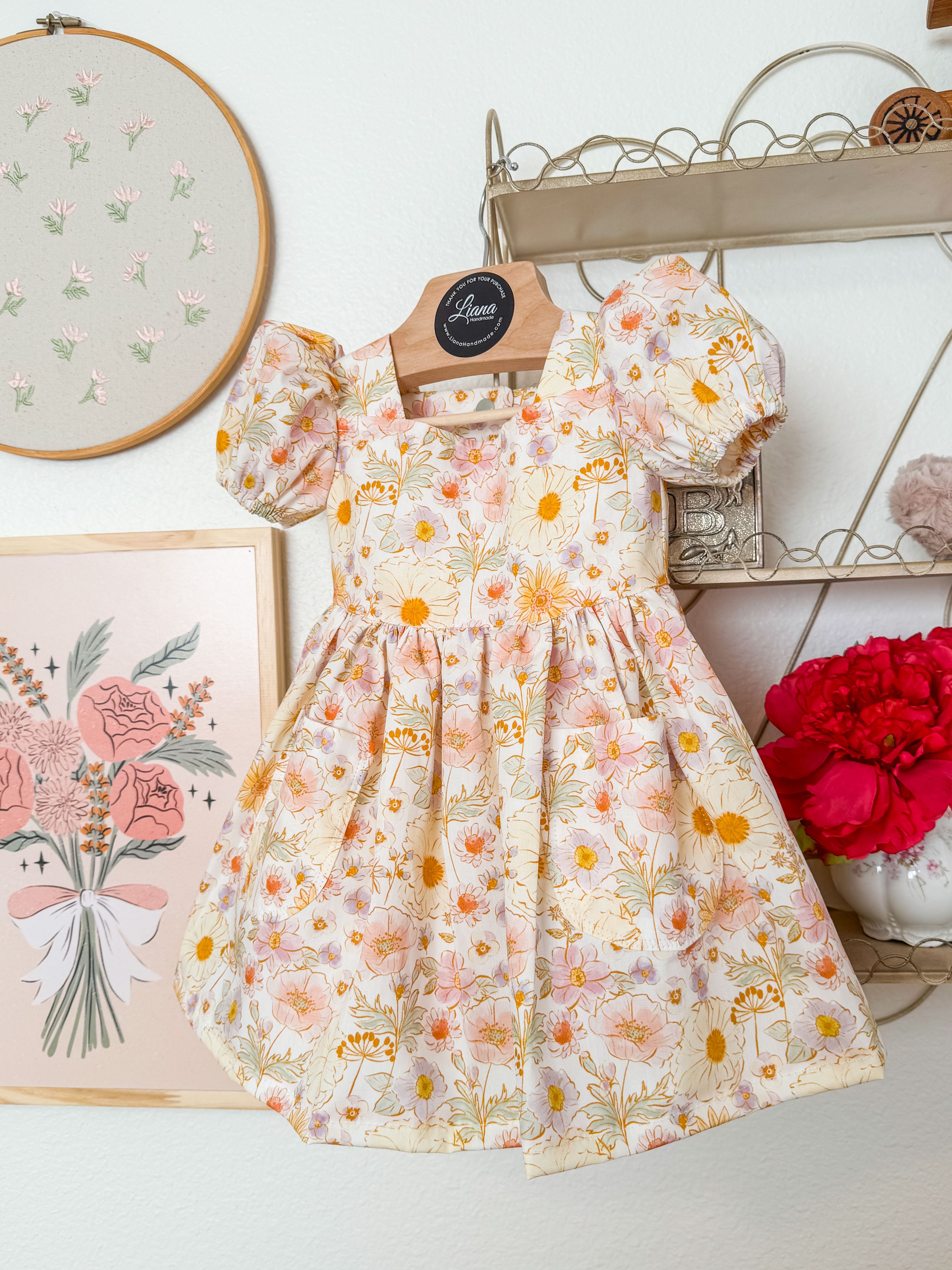 Spring, Summer Floral Puff Sleeve, with Pockets Dress