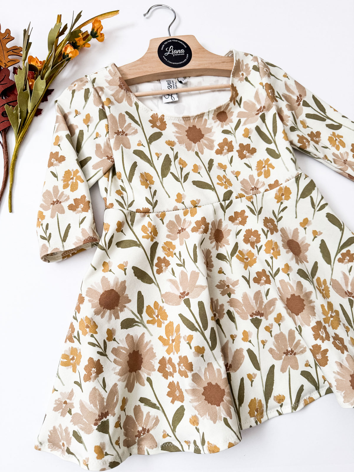 Wild Flower Knit Toddler Dress: Neutral Floral Twirl Dress
