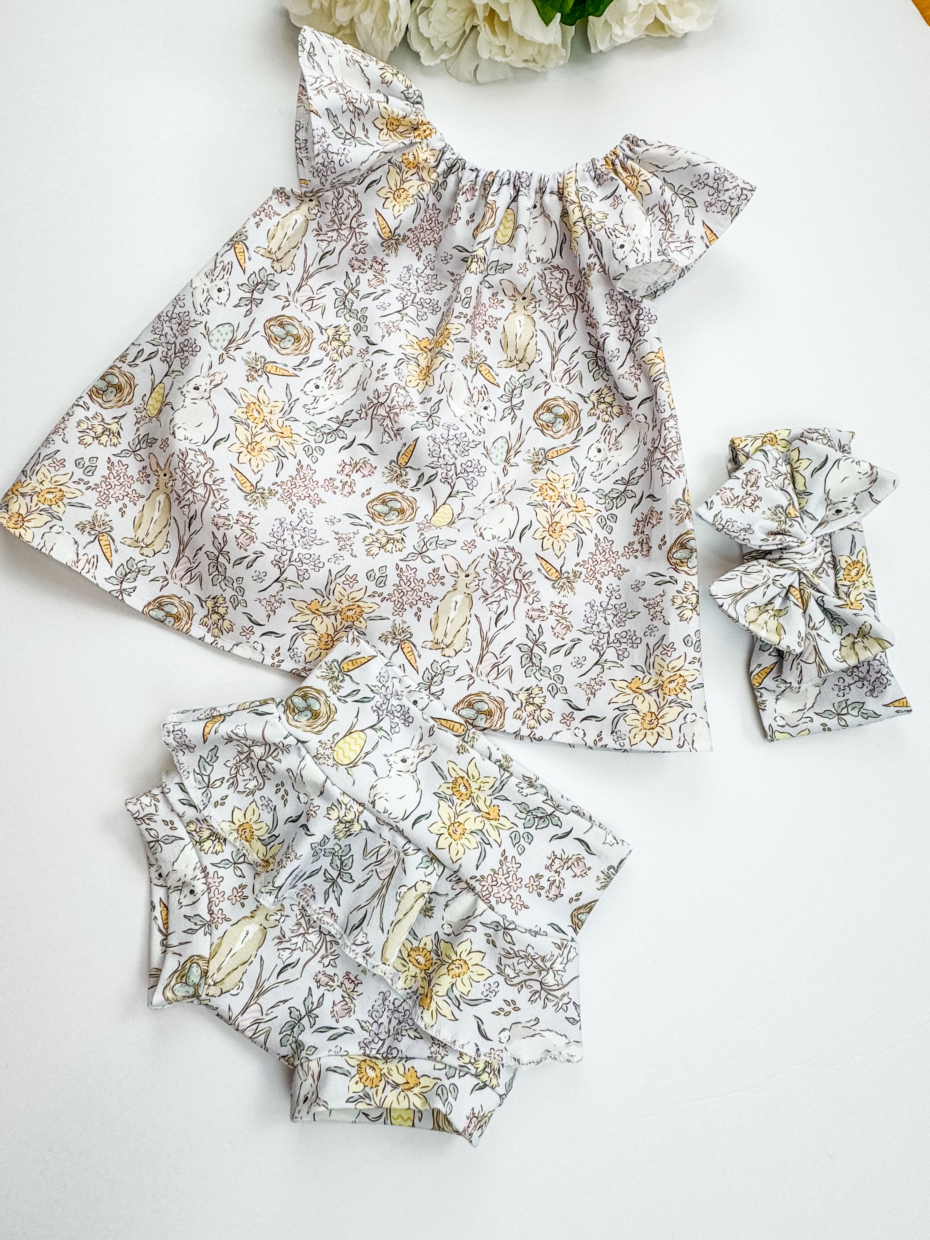 Bunny Print Baby Dress: Ruffle Neckline, Lilac Floral