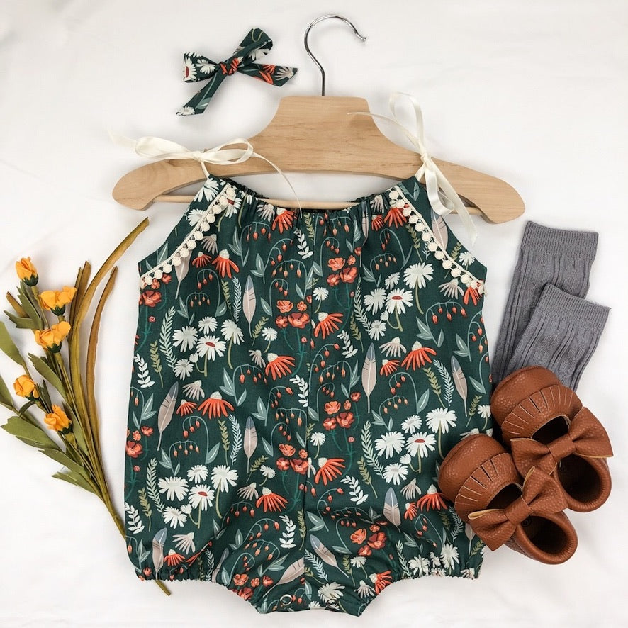 Prairie Flower Baby Romper: Green
