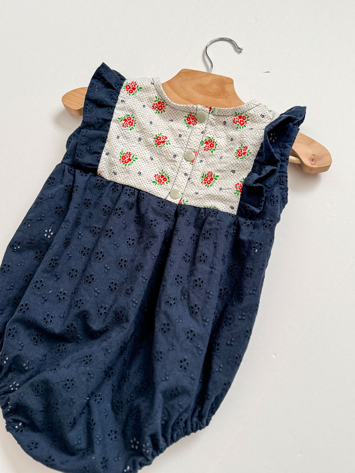 Summer Romper: Sleeveless Navy Eyelet Romper, Ruffles, Toddler, Baby