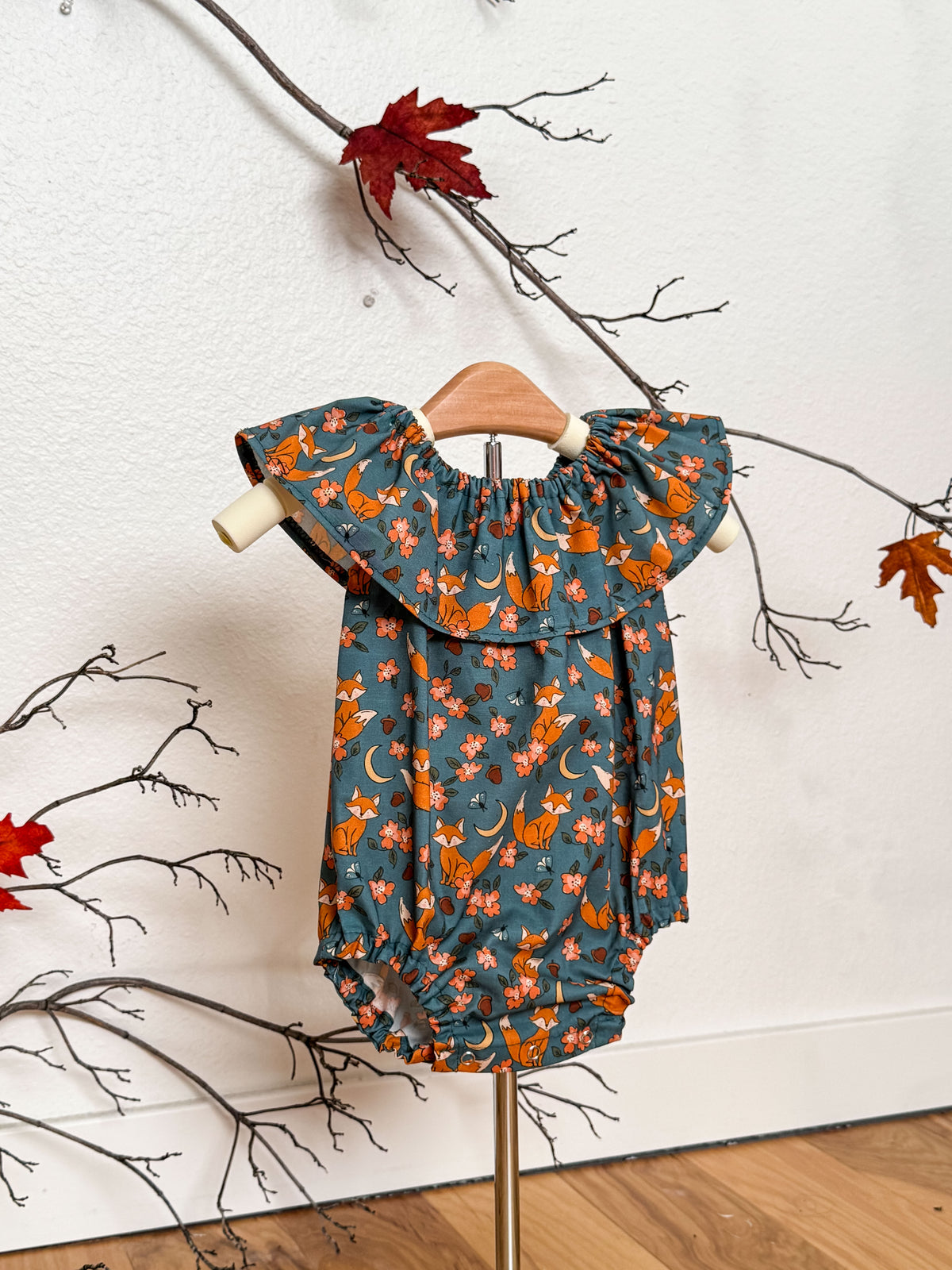 Fox and Acorn Romper: Ruffle Neckline Cotton