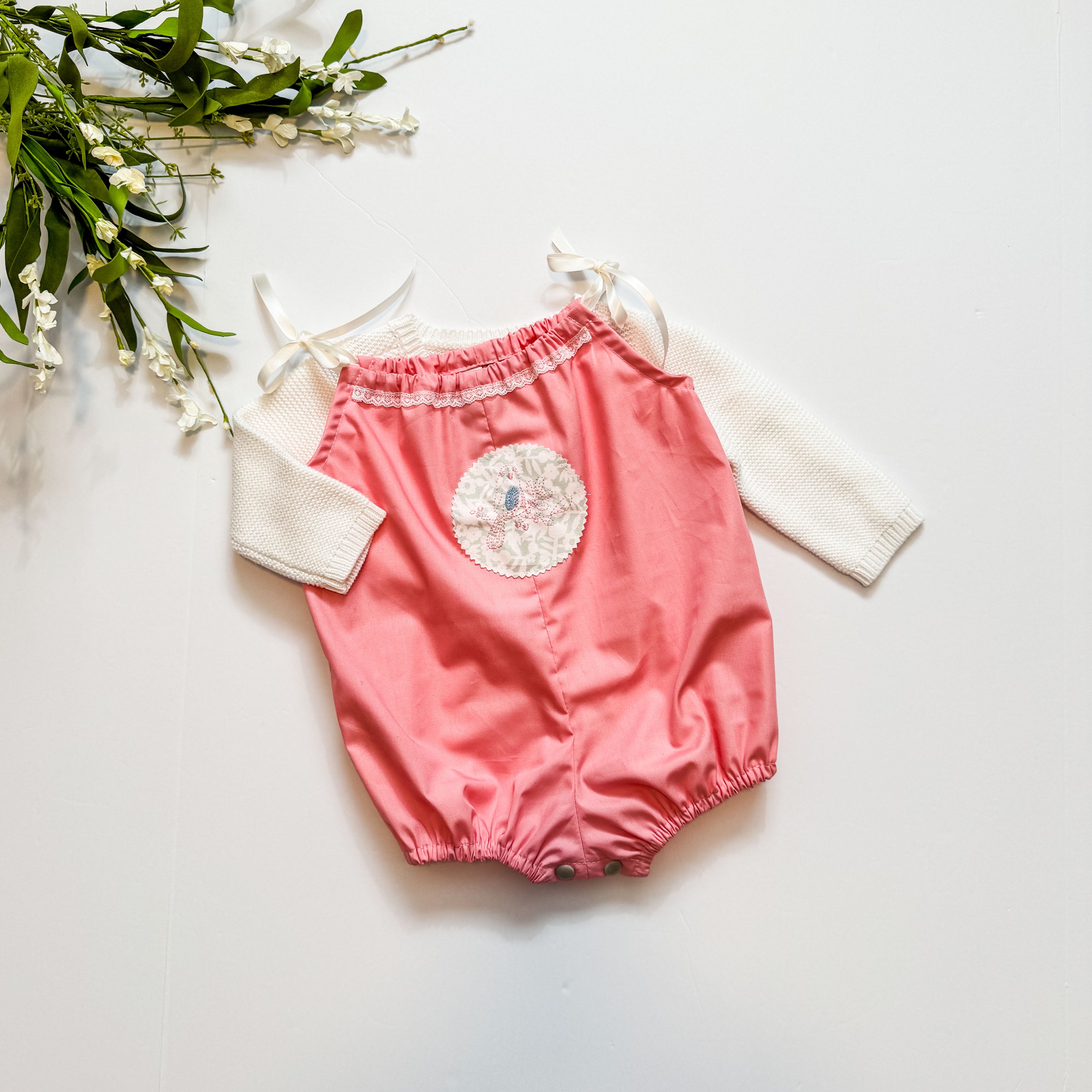 Baby Bird Embroidered Pink Baby Romper