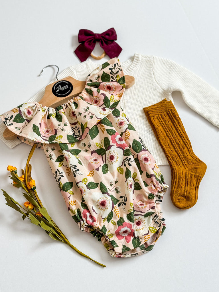 Pink and Plum Floral Romper: Ruffle Neckline, Heirloom Baby Romper