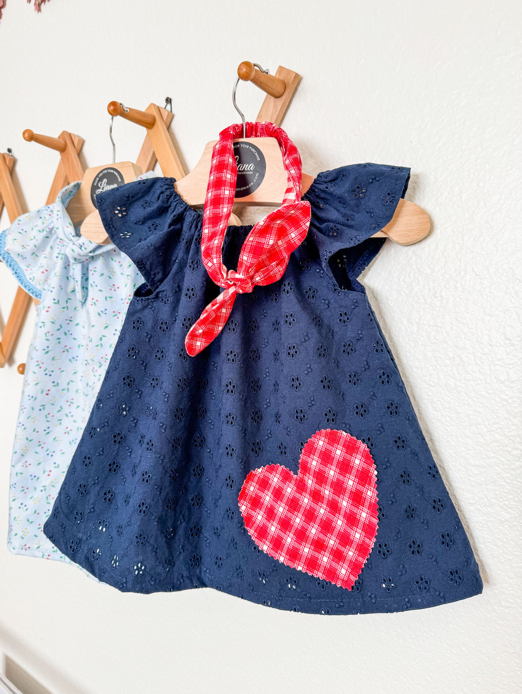 Navy Blue Dress: Eyelet with Red Heart, Flutter Sleeves with Headband