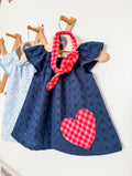 Navy Blue Dress: Eyelet with Red Heart, Flutter Sleeves with Headband