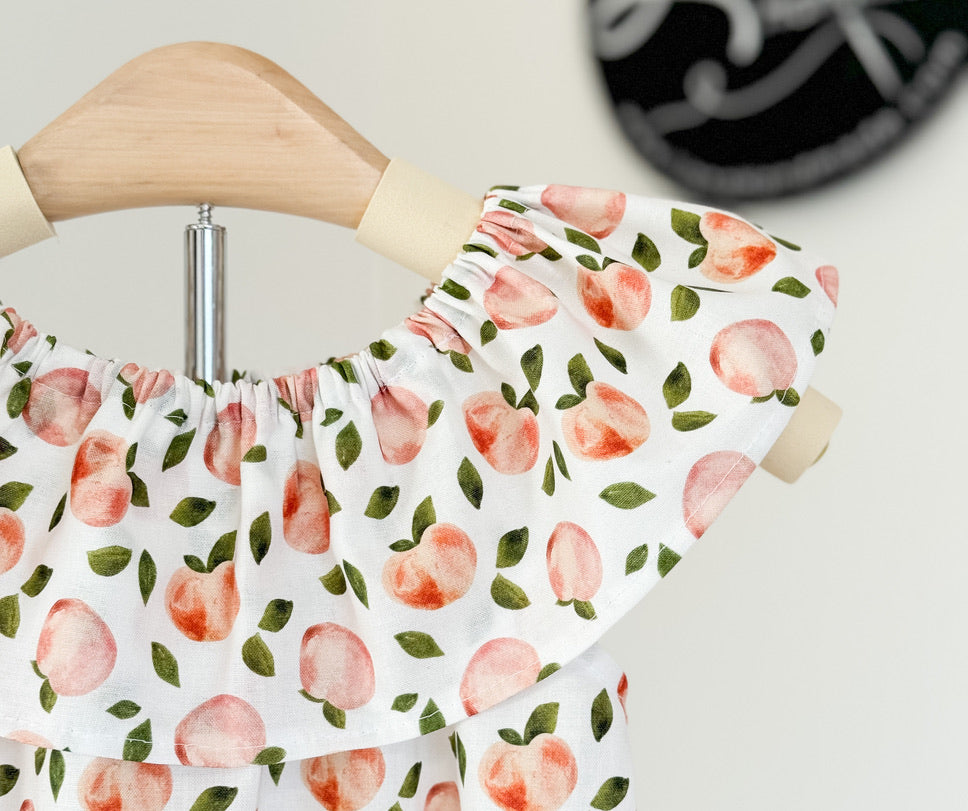 Peach Fruit Print: Ruffle Neck Romper