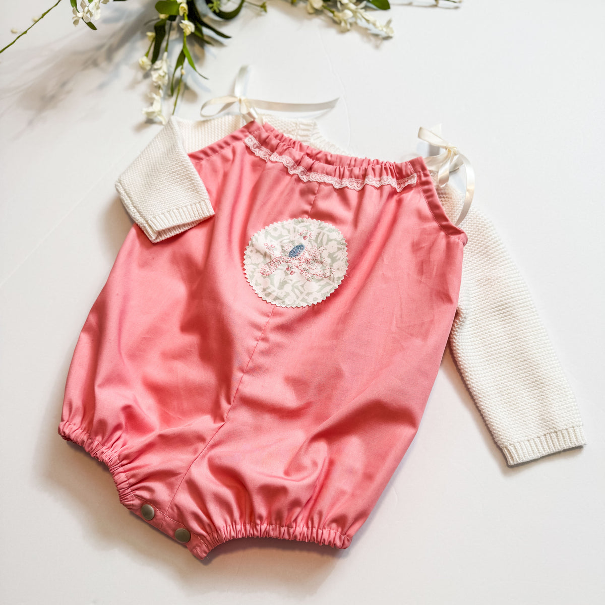 Baby Bird Embroidered Pink Baby Romper