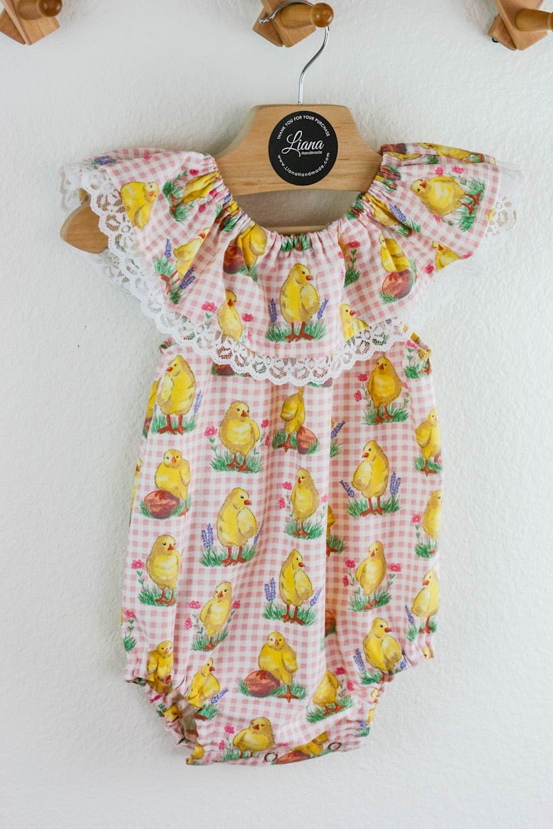 Chick Baby Romper: Ruffle Neckline, Vintage Easter Print, Pink Outfit