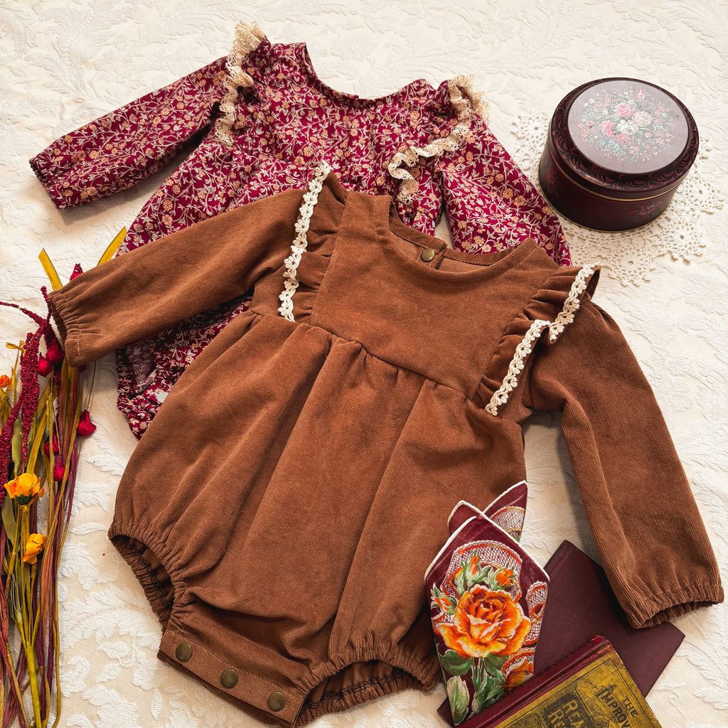 Brown Corduroy Romper: Long Sleeve, Ruffles, Toddler, Baby