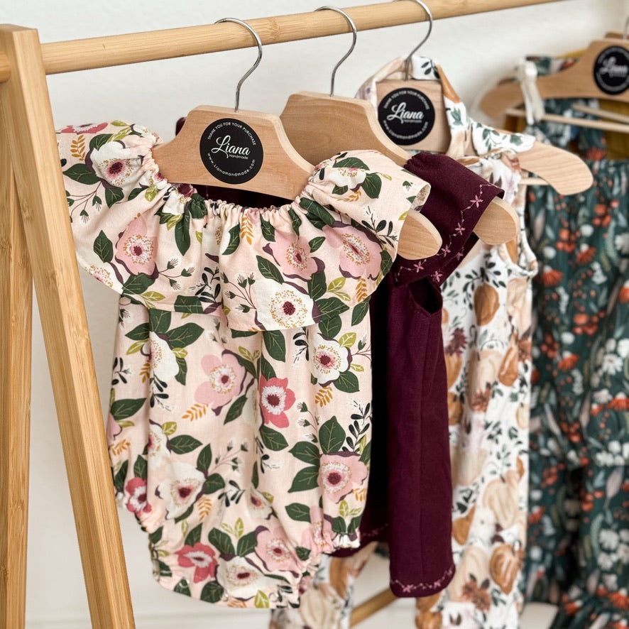 Pink and Plum Floral Romper: Ruffle Neckline, Heirloom Baby Romper