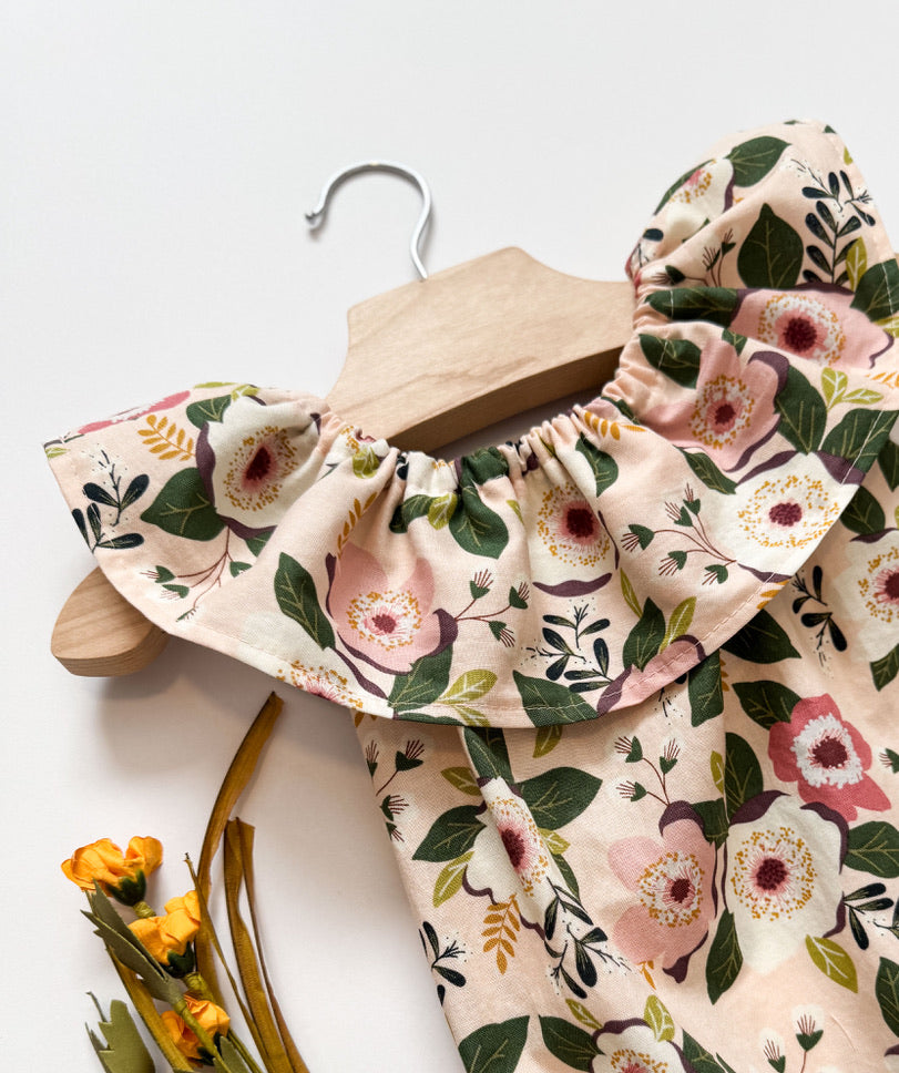 Pink and Plum Floral Romper: Ruffle Neckline, Heirloom Baby Romper