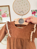 Brown Corduroy Romper: Long Sleeve, Ruffles, Toddler, Baby