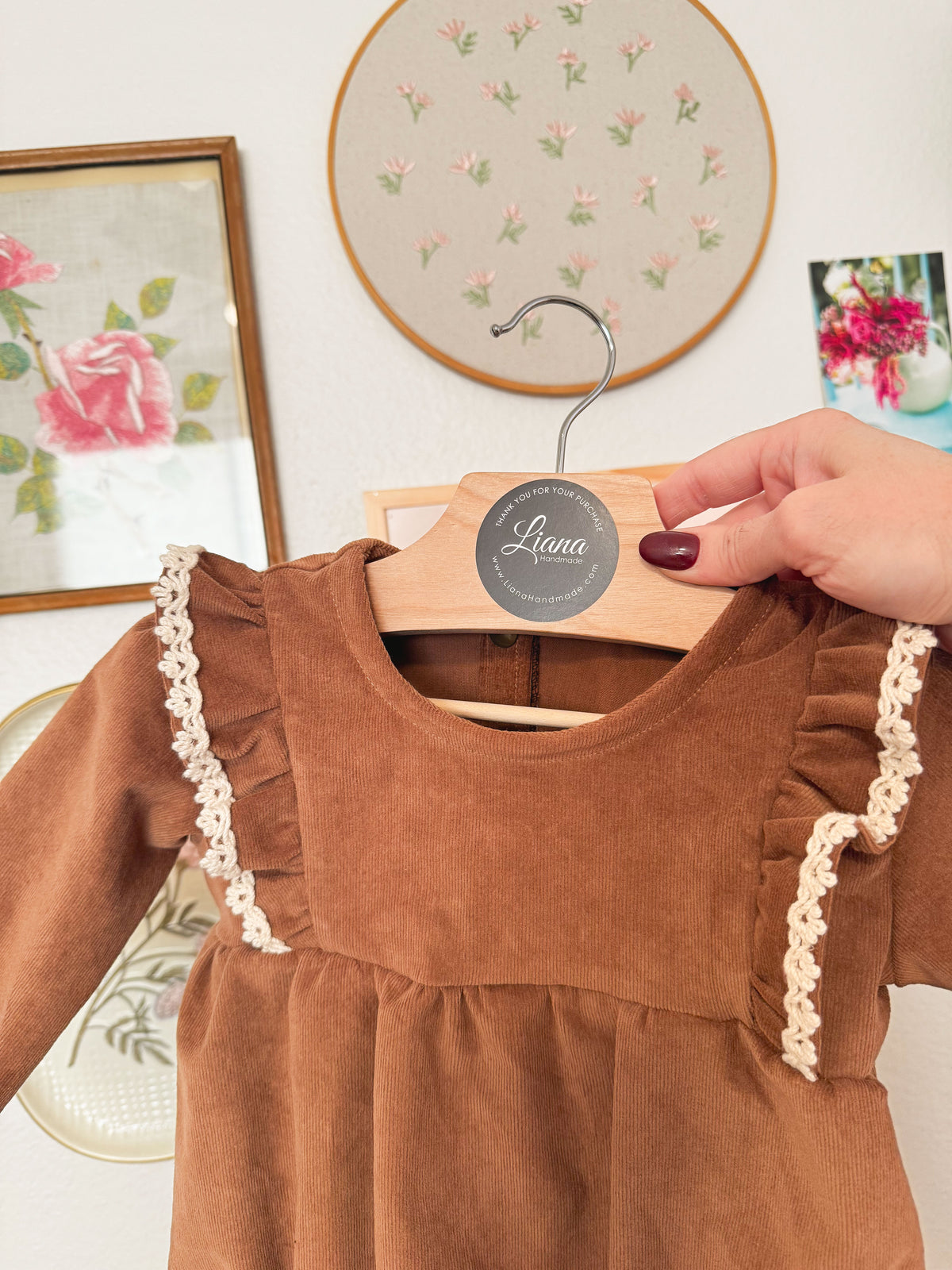 Brown Corduroy Romper: Long Sleeve, Ruffles, Toddler, Baby