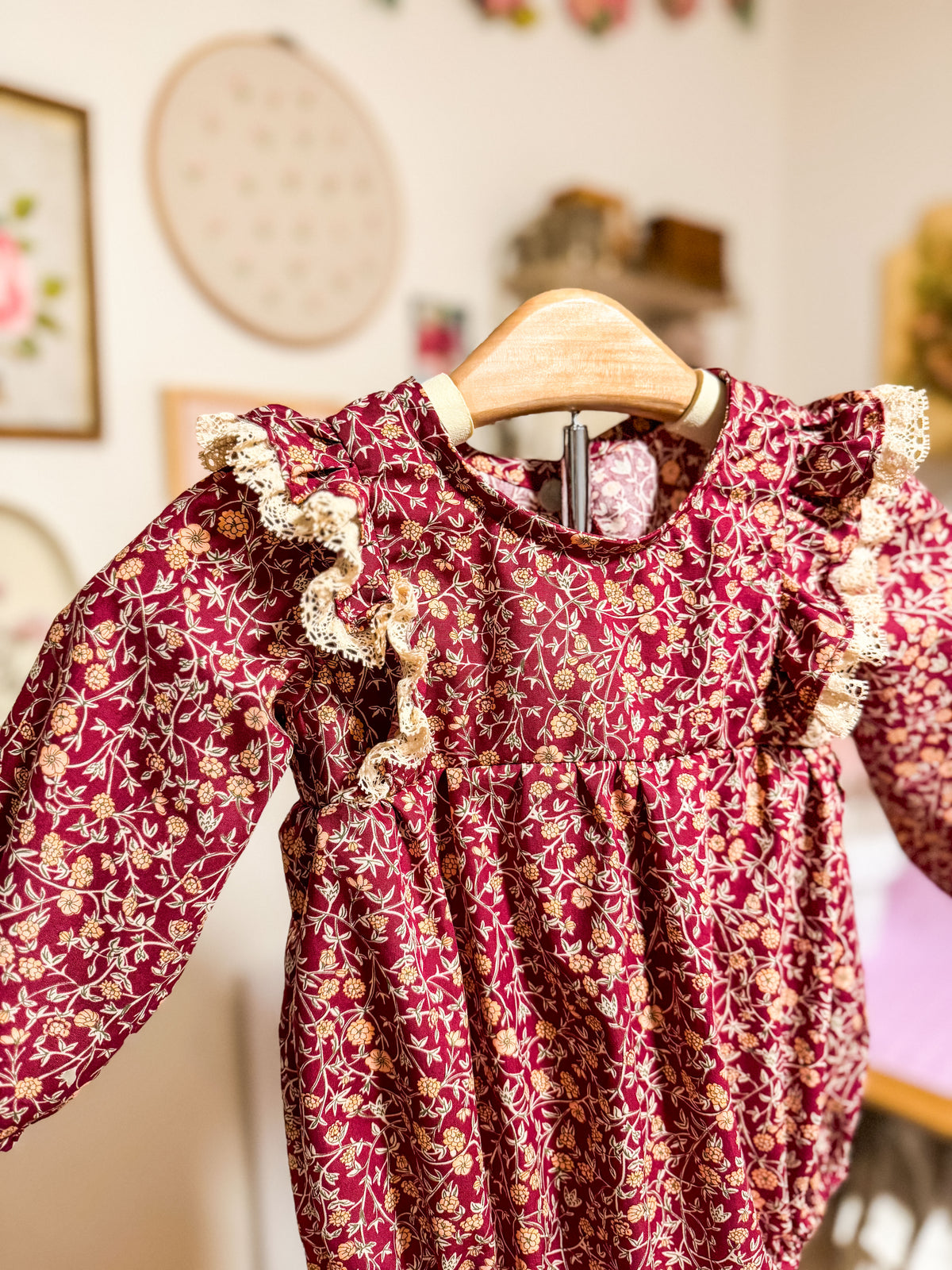 Plum Floral Romper: Long Sleeve Romper, Ruffles, Toddler, Baby