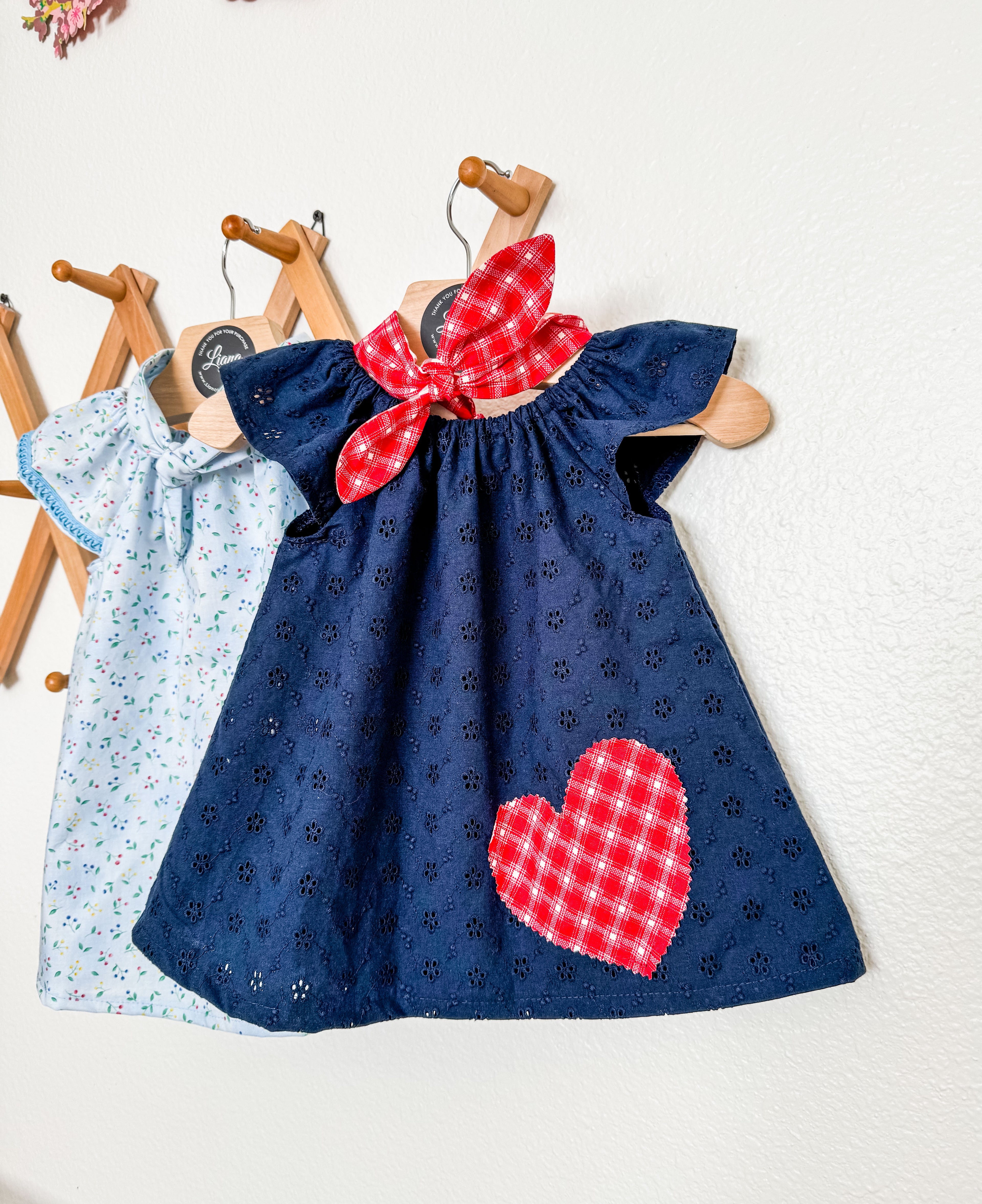 Navy Blue Dress: Eyelet with Red Heart, Flutter Sleeves with Headband