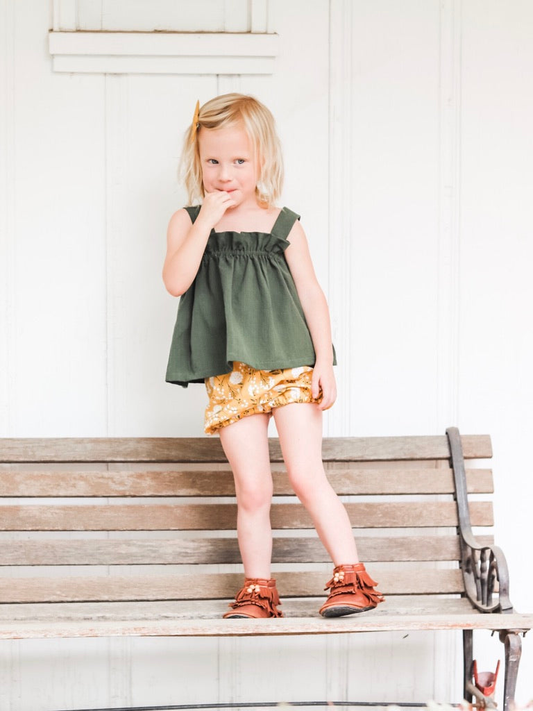 Toddler Girl Top and Bloomers Sets: Rust Floral or Yellow Prairie Adjustable Straps