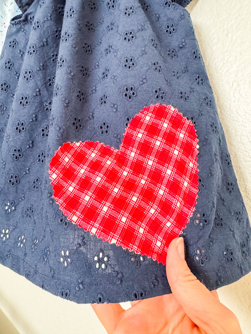 Navy Blue Dress: Eyelet with Red Heart, Flutter Sleeves with Headband