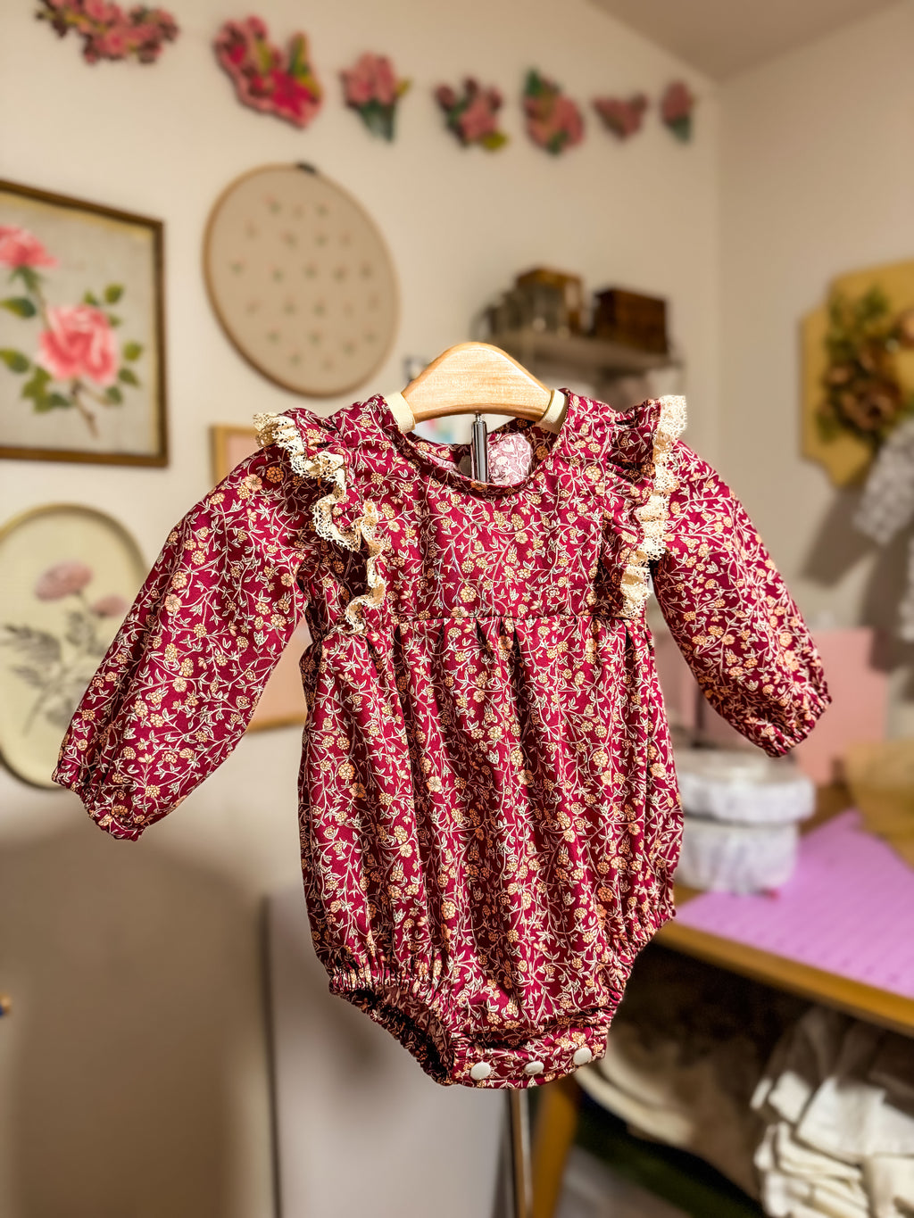 Plum Floral Romper: Long Sleeve Romper, Ruffles, Toddler, Baby