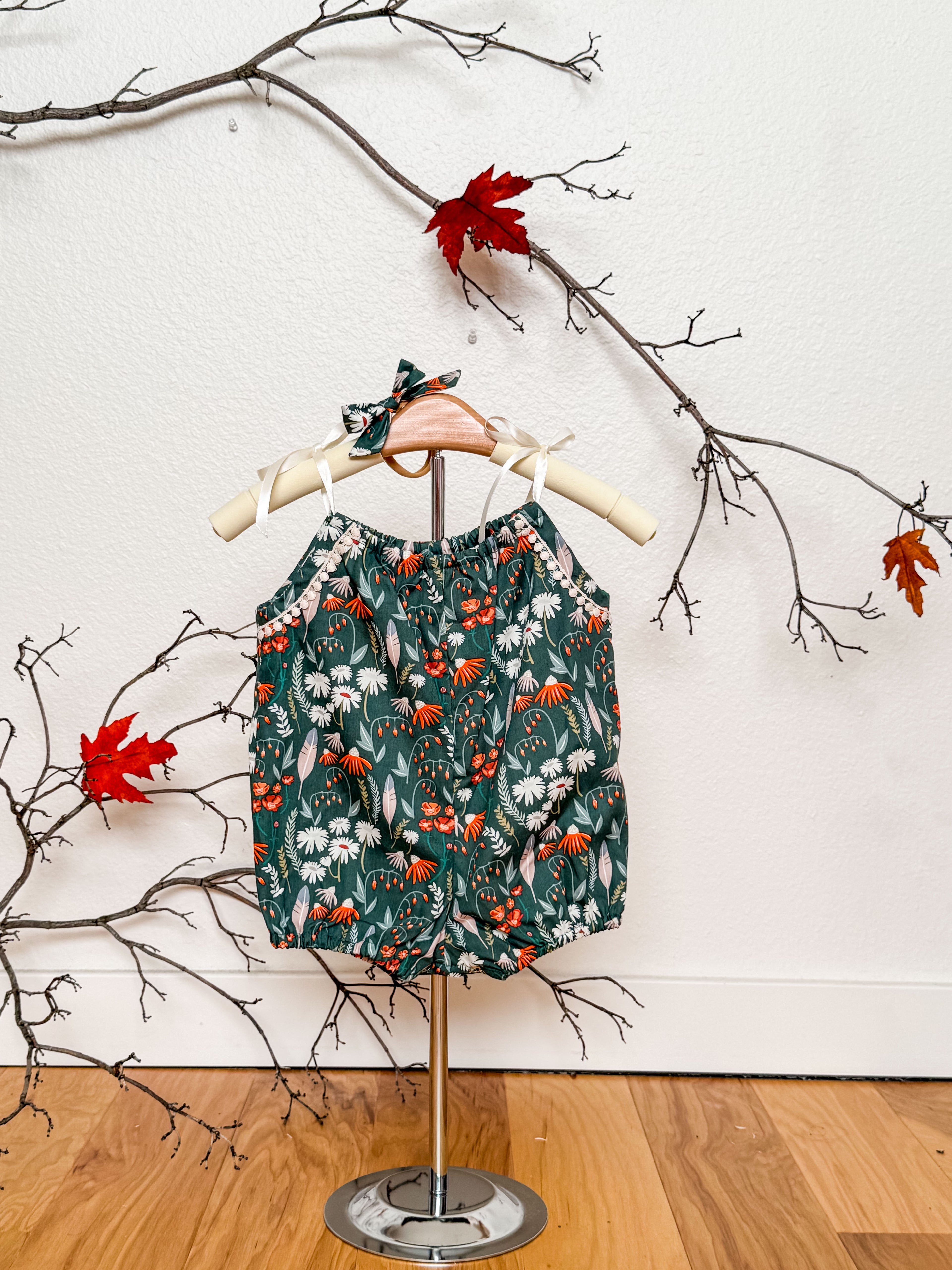 Prairie Flower Baby Romper: Green