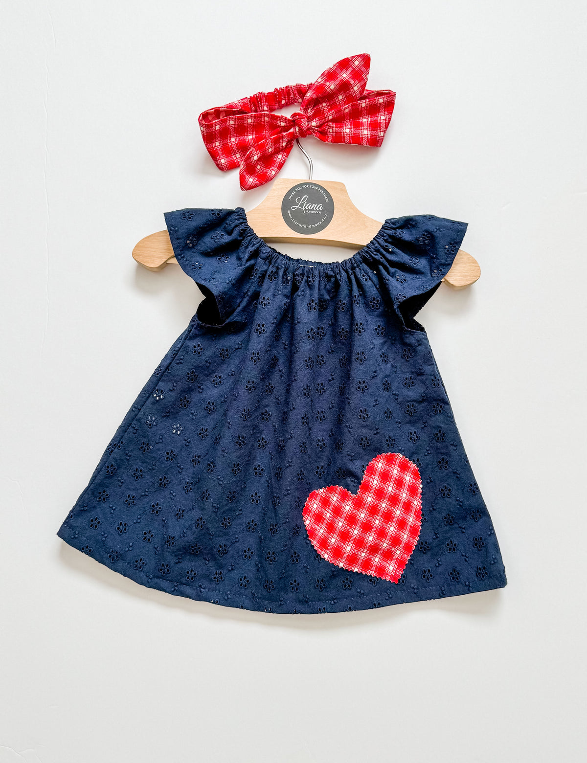 Navy Blue Dress: Eyelet with Red Heart, Flutter Sleeves with Headband