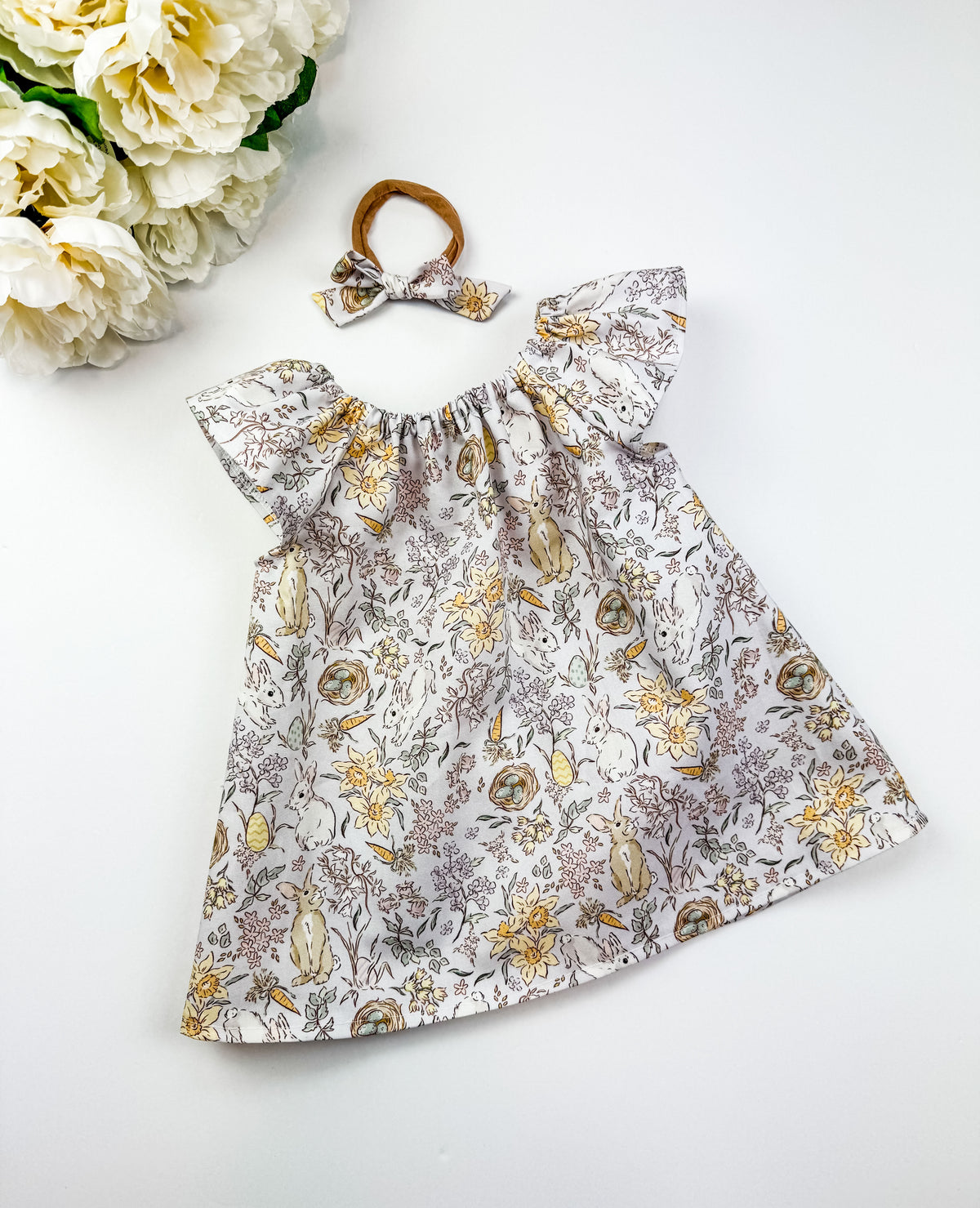 Bunny Print Baby Dress: Ruffle Neckline, Lilac Floral