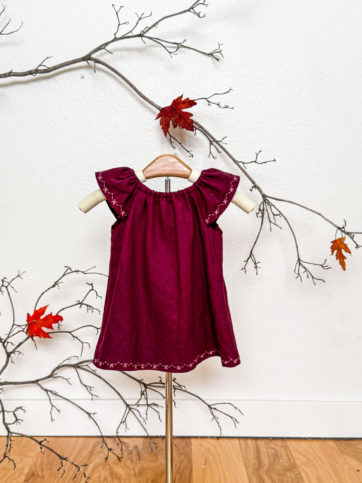 Linen Dress With Embroidered Sleeve: Plum Baby Dress