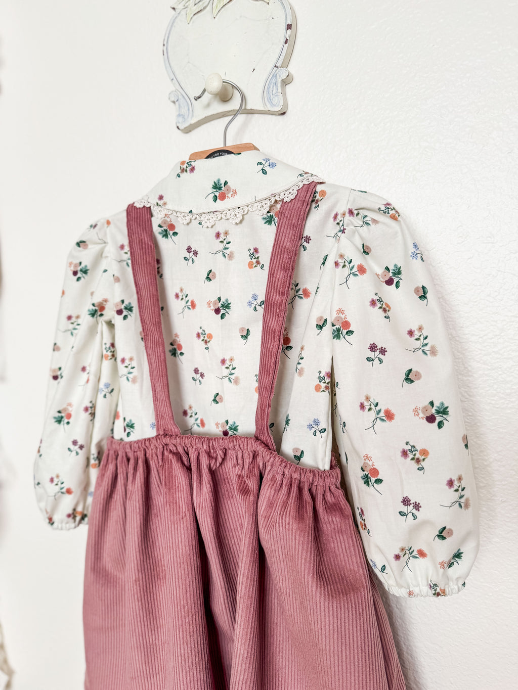 Toddler Two Piece Set, Peter Pan Floral Blouse with Corduroy Skirt, Handmade